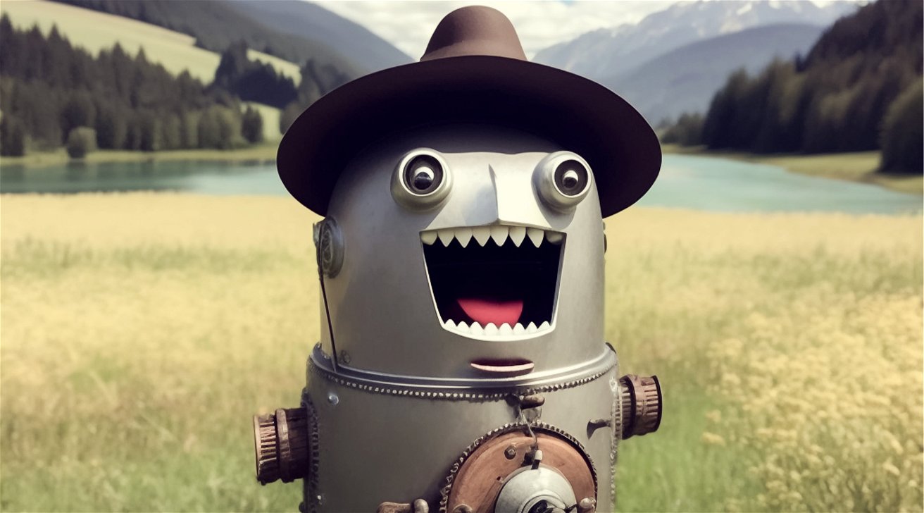 Ein KI-generiertes Bild eines lachenden Roboters mit einem Hut vor einem Gebirgssee