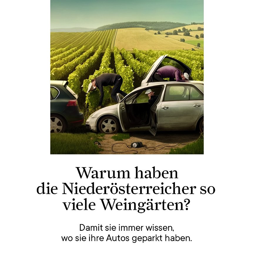 Ein KI-generiertes Bild von zwei Niederösterreichern, die vor einem Weingarten nach ihren Autos suchen.