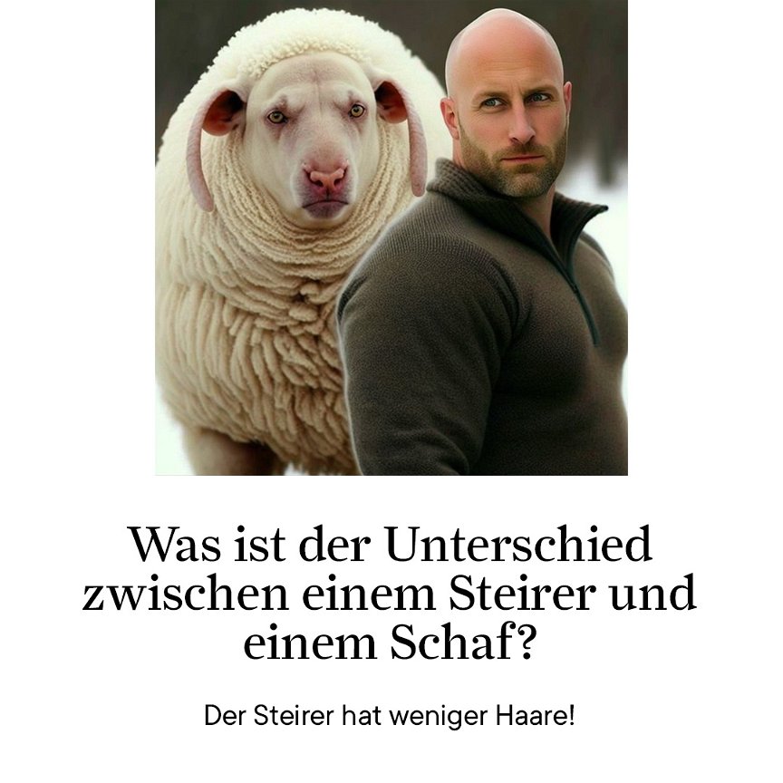 Ein KI-generiertes Schaf steht hinter einem glatzköpfigen Mann.