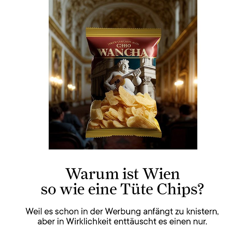 Ein KI-generiertes Bild einer Packung Chips, im Hintergrund erkennt man einen barocken Prunksaal